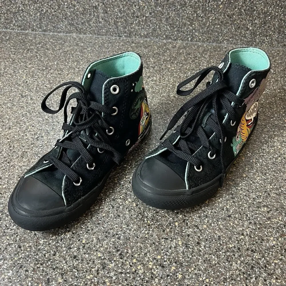 Converse All Star Kids Youth Size 1 Black Doodle-Style Canvas High Top Sneakers